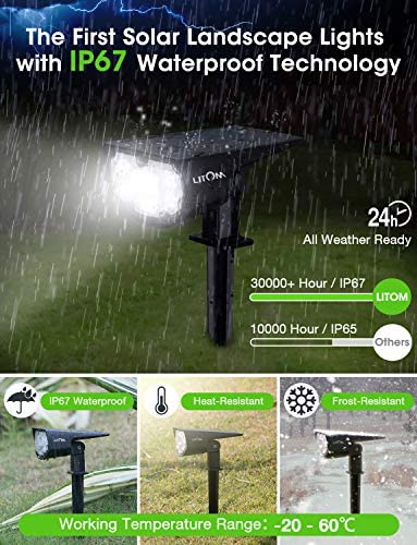 LITOM 12 LEDs Solar Landscape Spotlights, IP67 Waterproof Solar Powered Wall Lights 2-in-1 Wireless Outdoor Solar Landscaping Light for Yard Garden Driveway Porch Walkway Pool Patio (Cold White)