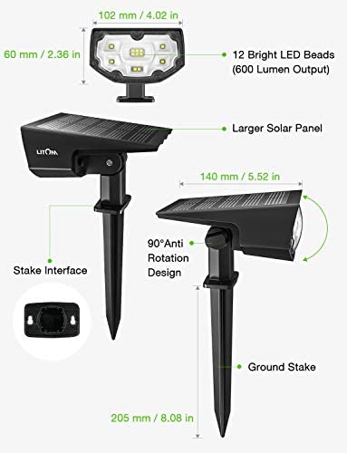 LITOM 12 LEDs Solar Landscape Spotlights, IP67 Waterproof Solar Powered Wall Lights 2-in-1 Wireless Outdoor Solar Landscaping Light for Yard Garden Driveway Porch Walkway Pool Patio (Cold White)