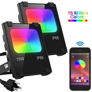 LED Flood Light 100W Equivalent, Outdoor Color Changing Led Stage Landscape Lighting, RGB Bluetooth Smart Floodlights 2700K & 16 Million Colors&Timing& Music Sync, IP66 Waterproof US 3-Plug (2 Pack)