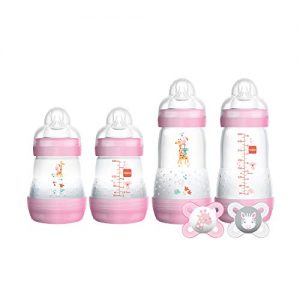 MAM Newborn Essentials "Feed & Soothe" Set (6-Piece), Easy Start Anti-Colic Baby Bottles, 0-2 Month Pacifier, Baby Shower Gifts for Baby Girl, Purple