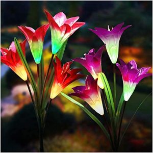 Solar Lights Outdoor - New Upgraded Solar Garden Lights, Multi-Color Changing Lily Solar Flower Lights for Patio,Yard Decoration, Bigger Flower and Wider Solar Panel (2 Pack,Purple and Red)