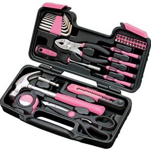 Apollo Tools DT9706P Original 39 Piece General Repair Hand Tool Set with Tool Box Storage Case Pink Ribbon