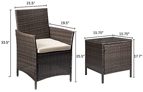 Devoko Patio Porch Furniture Sets 3 Pieces PE Rattan Wicker Chairs with Table Outdoor Garden Furniture Sets (Brown/Beige)