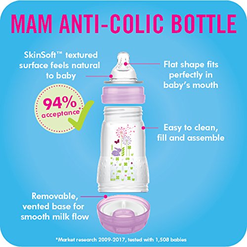 MAM Newborn Essentials "Feed & Soothe" Set (6-Piece), Easy Start Anti-Colic Baby Bottles, 0-2 Month Pacifier, Baby Shower Gifts for Baby Girl, Purple