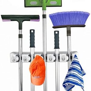 Home- It Mop and Broom Holder, 5 Position with 6 Hooks Garage Storage Holds up to 11 Tools, Storage Solutions for Broom Holders, Garage Storage Systems Broom Organizer for Garage Shelving Ideas