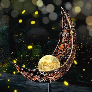 Fertgo Garden Solar Light Outdoor Decorative, Moon Decor, Crackle Glass Ball Metal Garden Stake Light for Pathway, Lawn, Patio, Yard