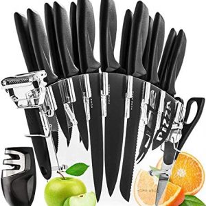 Stainless Steel Knife Set with Block - 13 Kitchen Knives Set Chef Knife Set with Knife Sharpener, 6 Steak Knives, Bonus Peeler Scissors Cheese Pizza Knife and Acrylic Stand by Home Hero