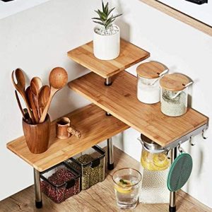 HYNAWIN 3 Tier Corner Shelf Bamboo & Metal Storage Spice Rack-Desk Bookshelf Display Shelves Space Saving Organizer -Adjustable Rack for Kitchen,Bedroom, Office-Creative Home Décor with Hooks