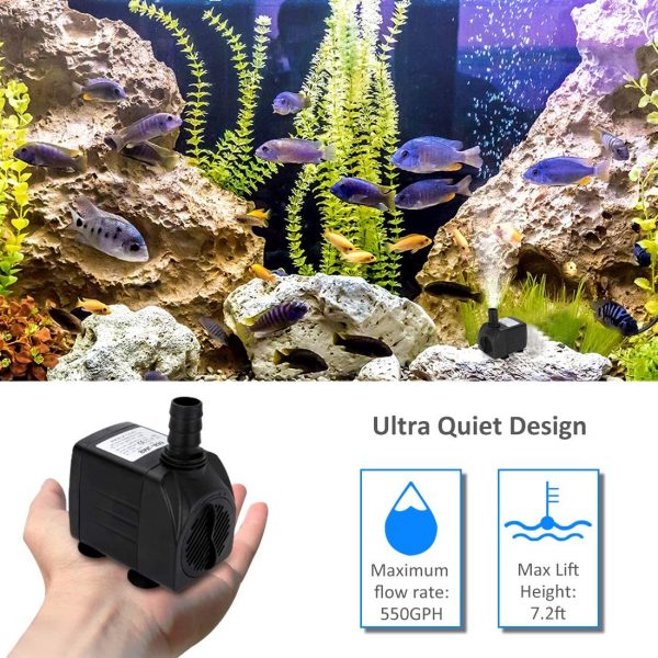 GROWNEER 550GPH Submersible Pump 30W Ultra Quiet Fountain Water Pump, 2000L/H, with 7.2ft High Lift, 3 Nozzles for Aquarium, Fish Tank, Pond, Hydroponics, Statuary