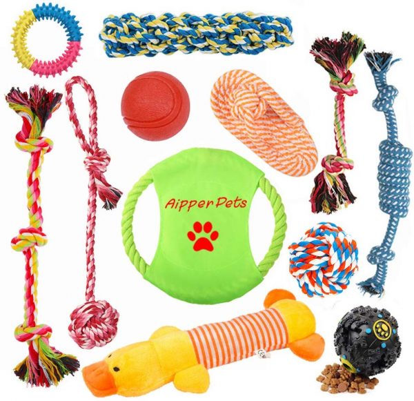 Aipper Dog Puppy Toys 12 Pack, Puppy Chew Toys for Playtime and Teeth Cleaning, IQ Treat Ball Squeak Toys and Dog Flying Disc Included, Puppy Teething Toys for Medium to Small Dogs, (Assorted Colors)