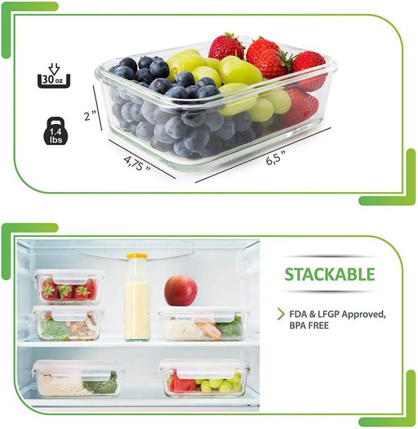Prep Naturals Glass Meal Prep Containers - Food Prep Containers with Lids Meal Prep - Food Storage Containers Airtight - Lunch Containers Portion Control Containers Bpa-Free (5 Pack,30 Ounce)