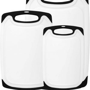 HOMWE Kitchen Cutting Board (3-Piece Set) | Juice Grooves w/Easy-Grip Handles | BPA-Free, Non-Porous, Dishwasher Safe | Multiple Sizes (Set of Three, Black)