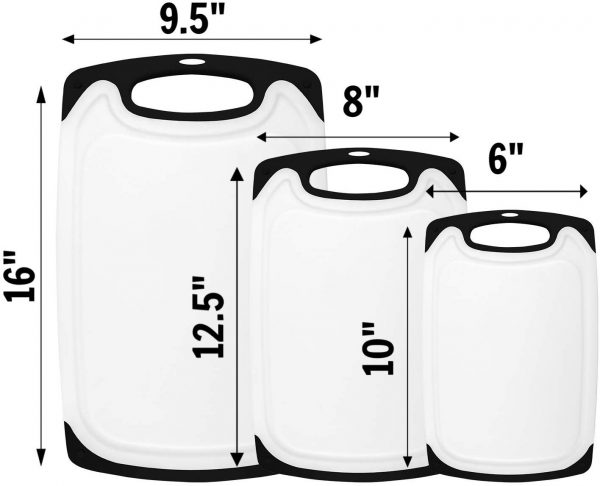 HOMWE Kitchen Cutting Board (3-Piece Set) | Juice Grooves w/Easy-Grip Handles | BPA-Free, Non-Porous, Dishwasher Safe | Multiple Sizes (Set of Three, Black)