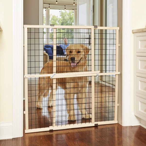 North States MyPet 37" Tall & 48" Wide Wire Mesh Gate: Simply Expand and Lock in Place. Pressure Mount. Fits 29.5"- 48" Wide (37" Tall, Sustainable Hardwood)