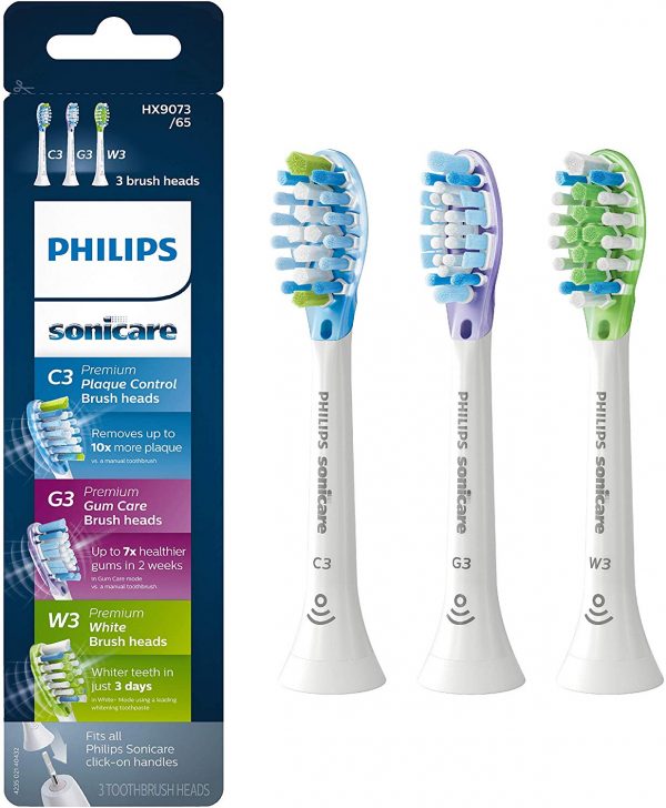 Genuine Philips Sonicare toothbrush head : C3 Premium Plaque Control, G3 Premium Gum Care & W3 Premium White, HX9073/65, 3 pk, White