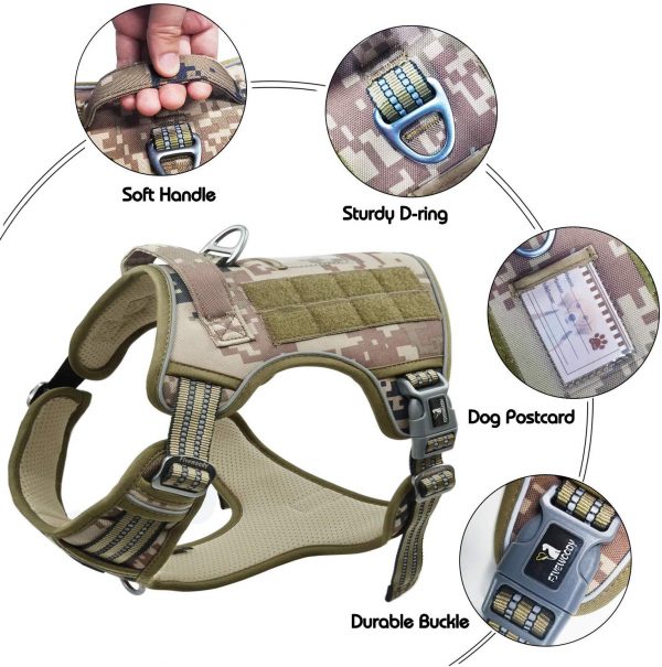 FIVEWOODY Tactical Dog Training Harness No Pulling Front Clip Leash Adhesion Reflective K9 Pet Working Vest Easy Control for Small Medium Large Dogs
