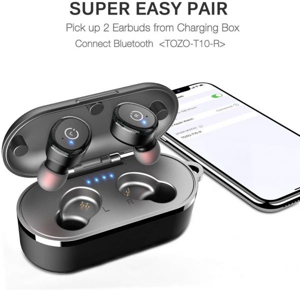 TOZO T10 Bluetooth 5.0 Wireless Earbuds with Wireless Charging Case IPX8 Waterproof TWS Stereo Headphones in Ear Built in Mic Headset Premium Sound with Deep Bass for Sport Black