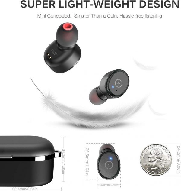 TOZO T10 Bluetooth 5.0 Wireless Earbuds with Wireless Charging Case IPX8 Waterproof TWS Stereo Headphones in Ear Built in Mic Headset Premium Sound with Deep Bass for Sport Black